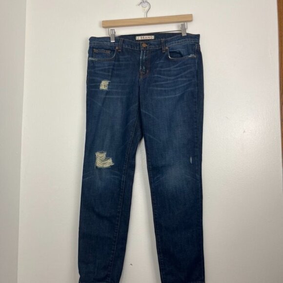 J Brand Aidan Ringer Boyfriend Low-Rise Dark Blue Distressed Jeans - Picture 2 of 13